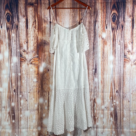 FARM RIO Anthropologie White Cotton Eyelet Off Shoulder midi dress women size XS - Picture 10 of 12